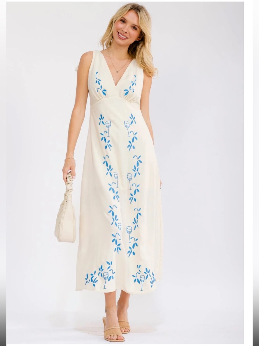 White Maxi Dress with Blue Floral Embroidery - Picture 2 of 6